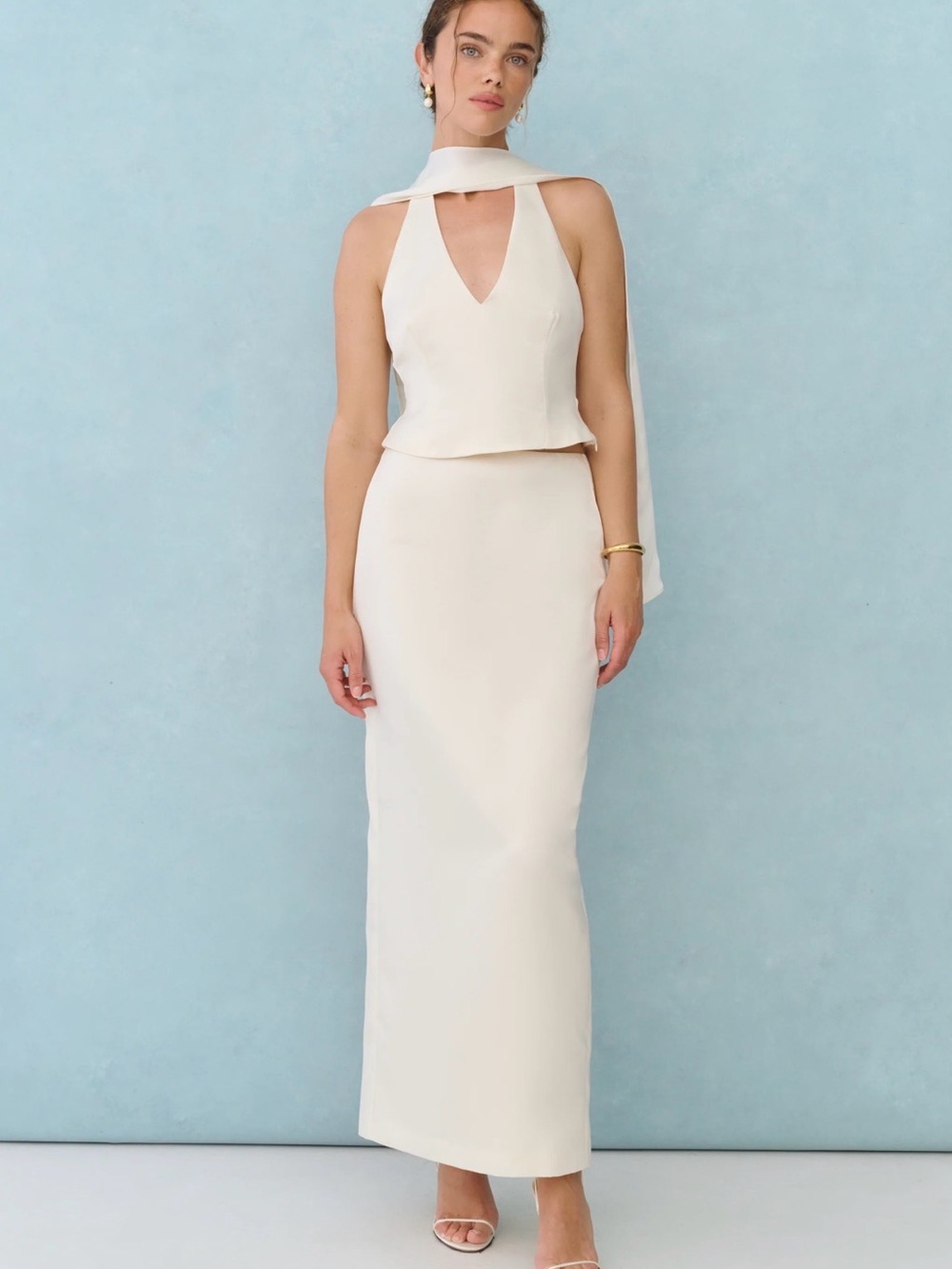 Cream Halter Maxi Dress with Scarf Neck Detail